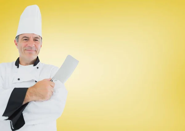 Composietbeeld van chef-kok met mes tegen gele achtergrond — Stockfoto