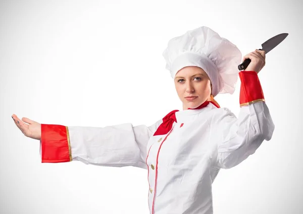 Chef-kok met mes tegen witte achtergrond — Stockfoto