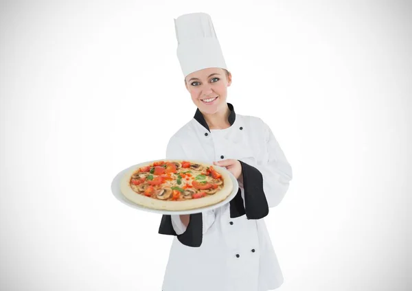 Chef com pizza contra fundo branco — Fotografia de Stock