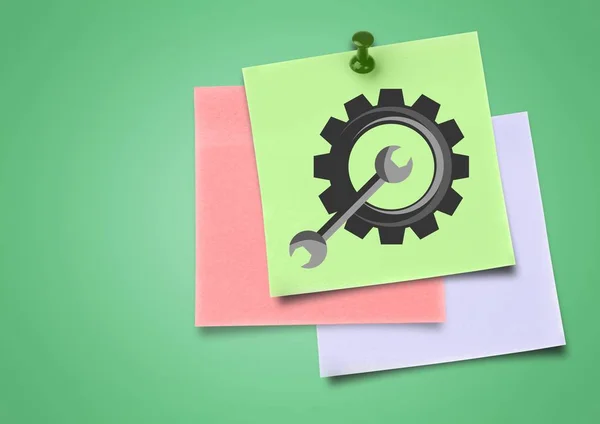 Imagem composta de colorido Sticky Note Settings ícone Cog contra fundo verde — Fotografia de Stock