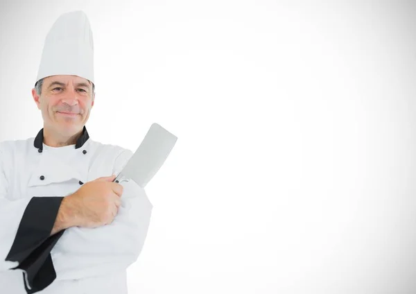 Σύνθετη εικόνα του Chef με μαχαίρι εναντίον λευκό φόντο — Φωτογραφία Αρχείου