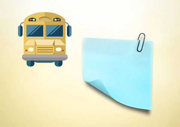 Κολλώδη σημείωση και σχολικό λεωφορείο εικονίδιο κρέμα φόντο — Φωτογραφία Αρχείου