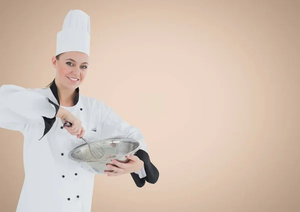 Composietbeeld van chef-kok met kom tegen crème achtergrond — Stockfoto