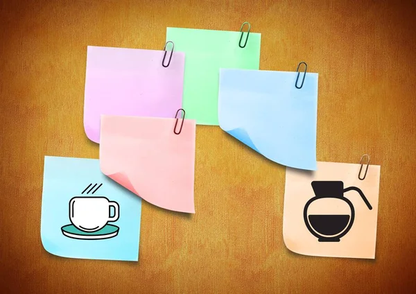 Nota pegajosa mostrando ícones de café contra um fundo marrom — Fotografia de Stock