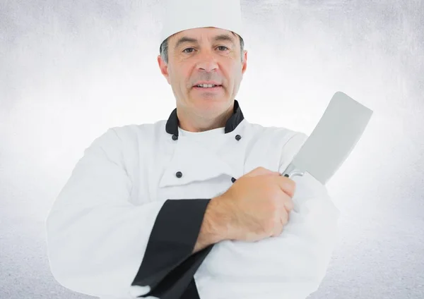 Kompozit kép szakács késsel fehér háttér — Stock Fotó