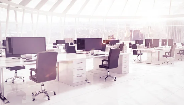 3D Mobiliario de oficina contra ventanas — Foto de Stock