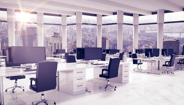 Mobília de escritório 3d contra janelas — Fotografia de Stock