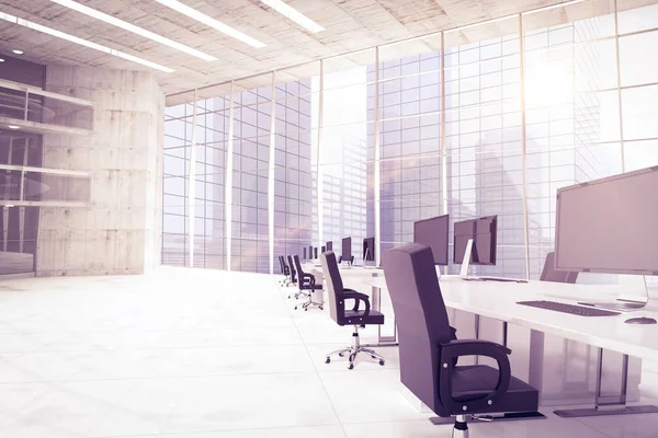 3d Office furniture against windows — Stock Photo, Image