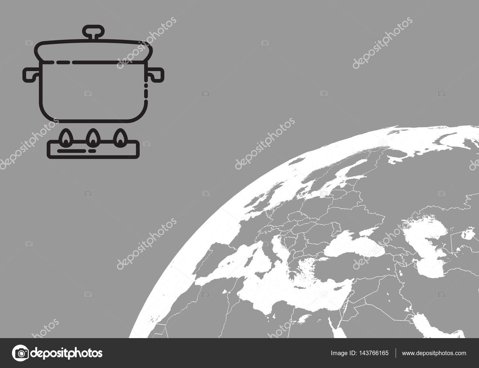 Kookpot Tegen Wereldbol Op Grijze Achtergrond Stockfoto