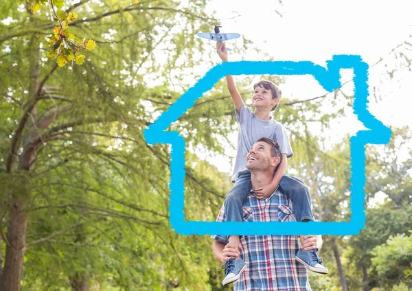 Home outline with father carrying his son — Stock Photo, Image