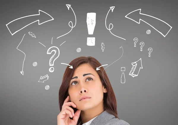 Thoughtful businesswoman against grey background — Stock Photo, Image