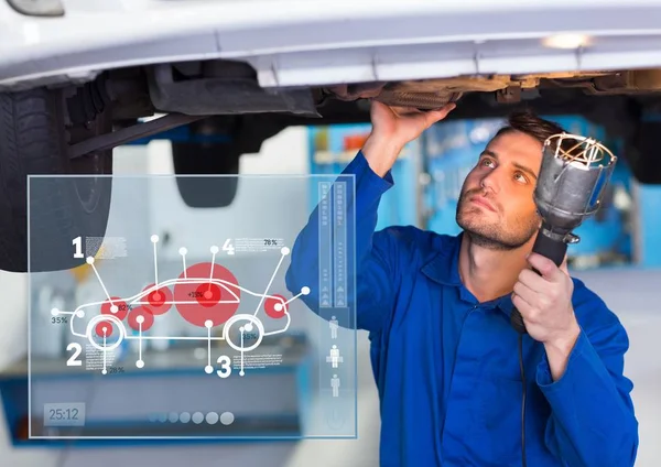 Automobile mechanic working in garage and mechanic interface — Stock Photo, Image