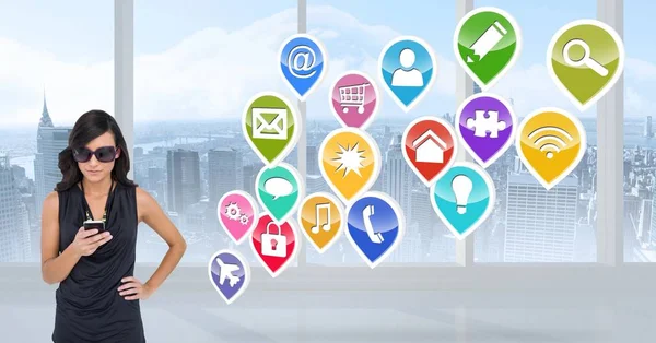 Woman using smartphone with application icons — Stock Photo, Image