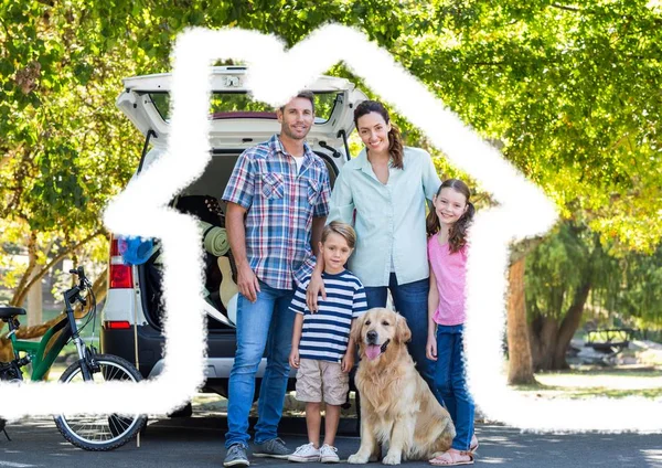 Family and dog standing on the road — Stock Photo, Image