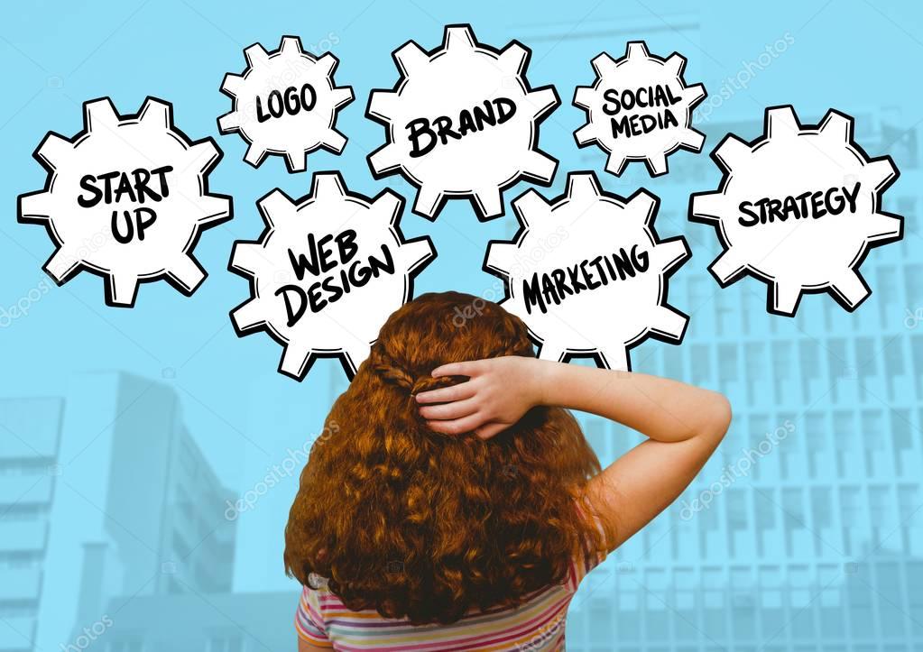 Digital composition of confused woman looking at marketing strategy concepts against office building in background