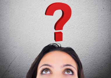 Woman looking at question mark graphic above head clipart