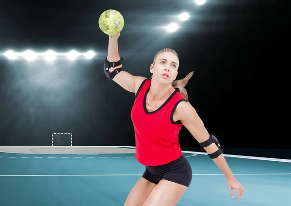 Spelaren spelar handboll i stadium — Stockfoto