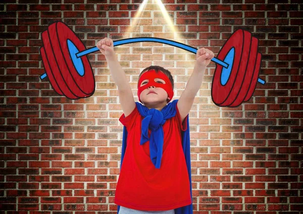 Chlapec v kostýmu superhrdiny drží němý zvonek — Stock fotografie