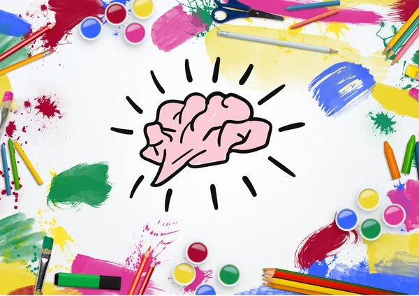 Herramientas coloridas rodeadas de cerebro dibujado —  Fotos de Stock