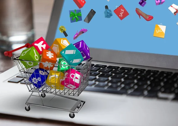 Trolley with application icons on latop — Stock Photo, Image