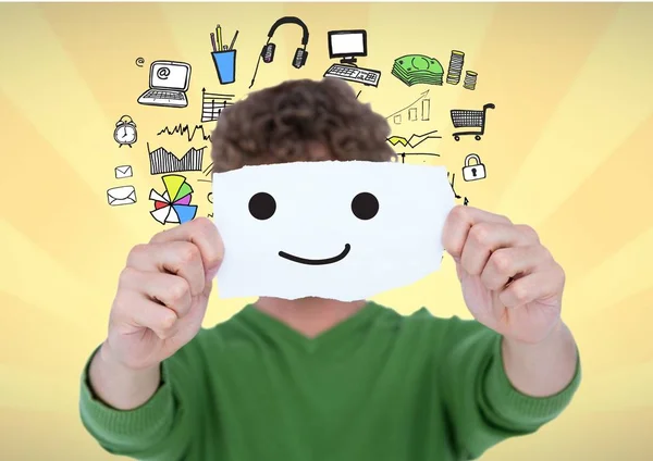 Man covering his face with smiley on paper — Stock Photo, Image