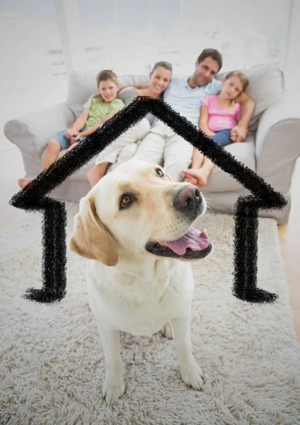 Home outline with dog and family at home — Stock Photo, Image