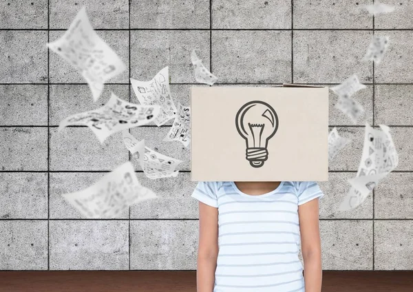 Woman covered her face with a cardboard box showing light bulb — Stock Photo, Image