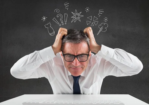 Businessman sitting on his desk with hands on his head against thinking icons in background — Stock Photo, Image