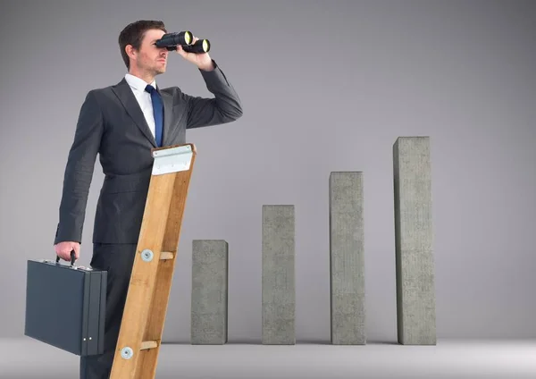 Businessman looking through binoculars while standing on ladder against bar graph in backgrou — Stock Photo, Image