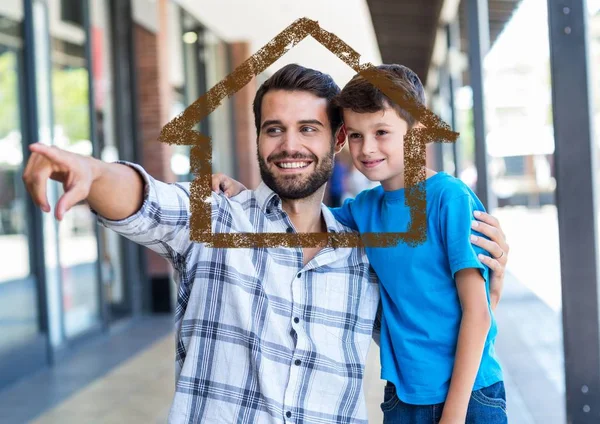 Home outline with father and son — Stock Photo, Image