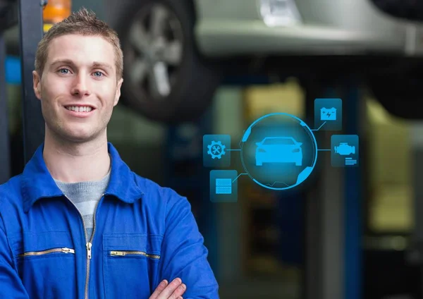 Portrait of a confident automobile mechanic and mechanic interface — Stock Photo, Image