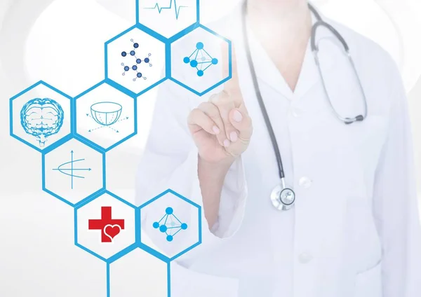 Mid section of doctor touching digitally generated medical icons — Stock Photo, Image