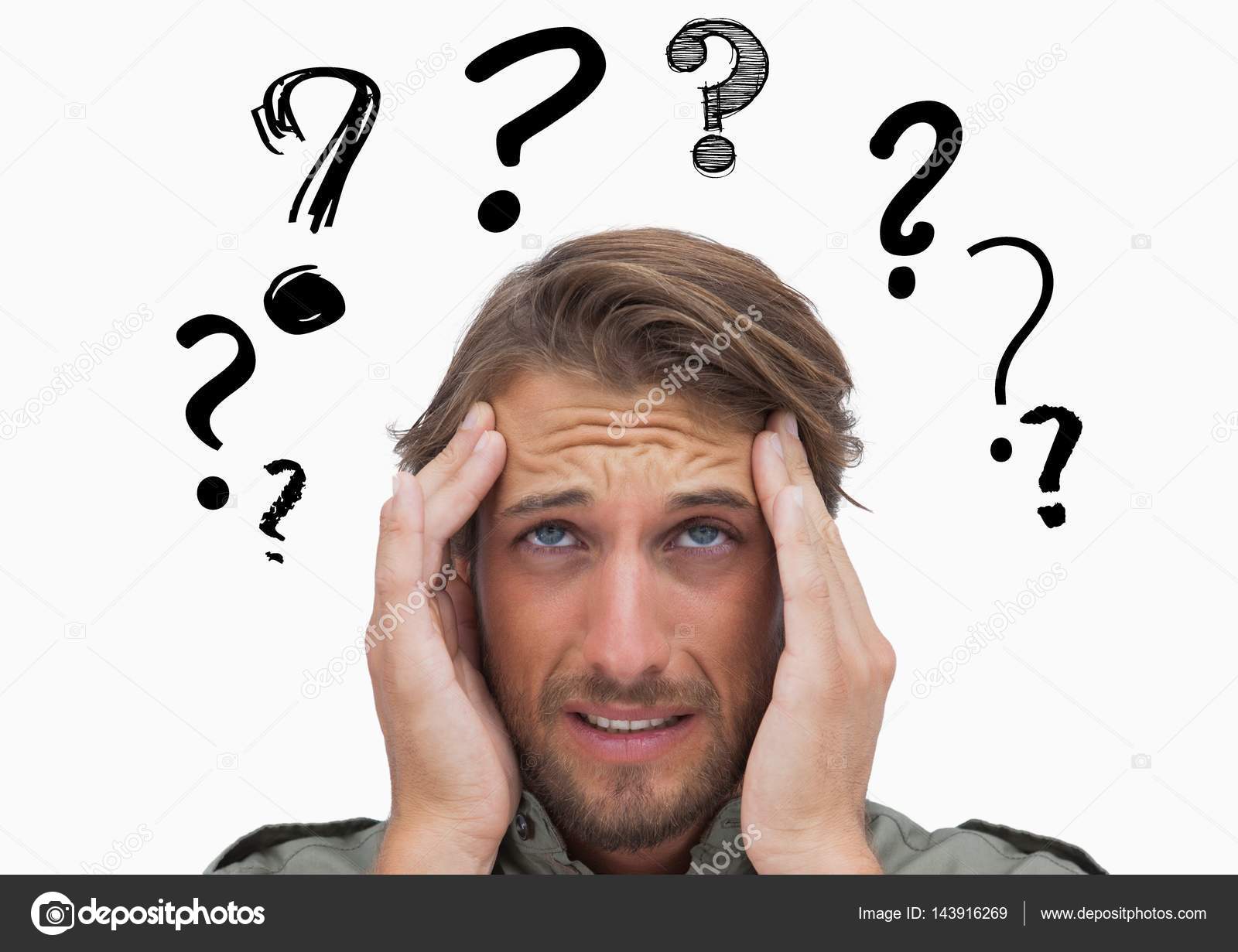 Confused man with graphic question mark ⬇ Stock Photo, Image by ©  Wavebreakmedia #143916269