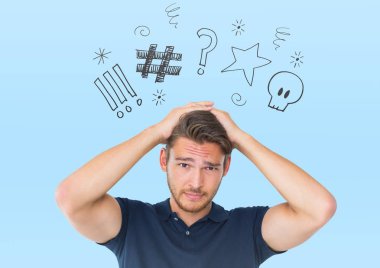 stressed man against blue background clipart
