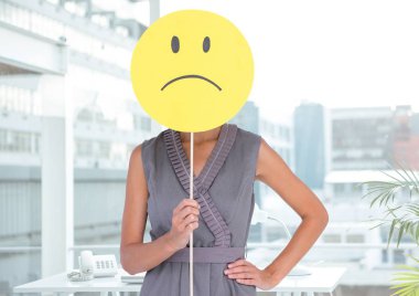 Woman covering her face with sad smiley clipart