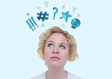 Thoughtful woman with various graphic icons over head clipart