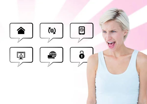 Frustrated woman standing next to application icons — Stock Photo, Image