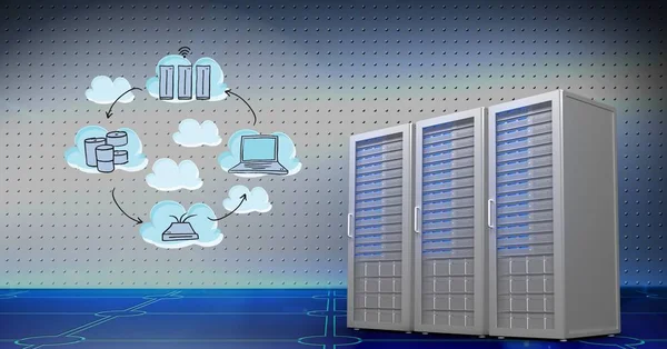 Server room with networking concept icons — Stock Photo, Image