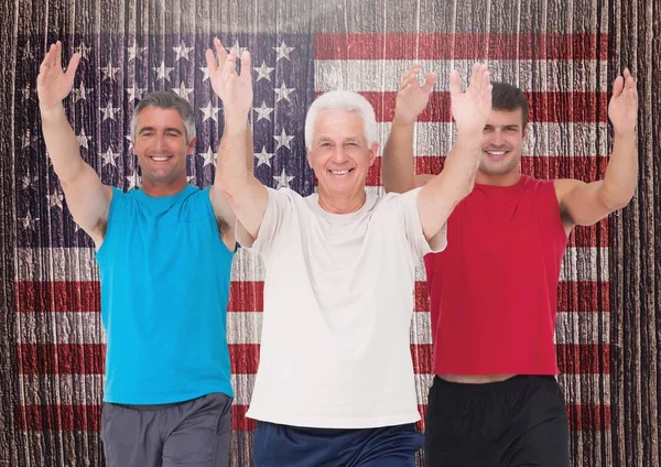 Vader, de zoon en de grootvader uitvoeren van de oefening tegen Amerikaanse vlag op achtergrond — Stockfoto
