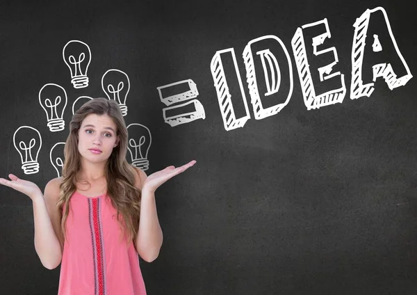 Confused woman gesturing against idea concept on blackboard — Stock Photo, Image