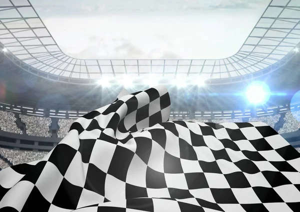 Flaga w szachownicę macha w stadium — Zdjęcie stockowe