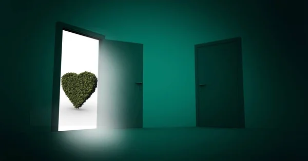 Porta aperta e forma di cuore verde — Foto Stock