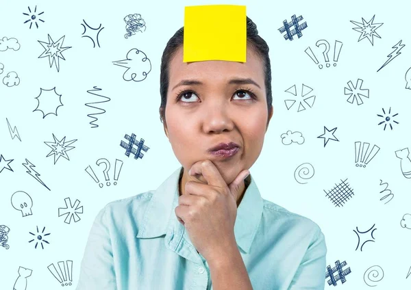 Thoughtful woman with sticky note on forehead — Stock Photo, Image