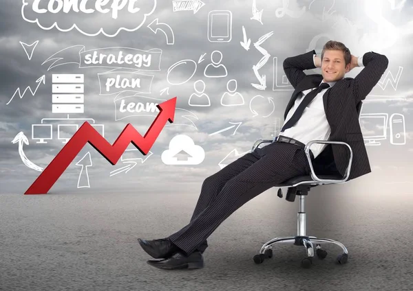 Businessman relaxing on chair against business plan concept background — Stock Photo, Image