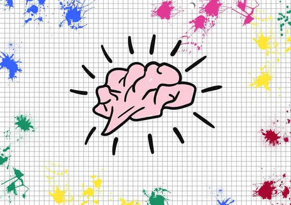 Vorm van de hersenen op papier met de kleuren spatten — Stockfoto