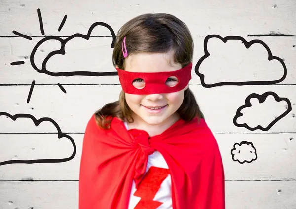 Girl in red cape and mask smiling — Stock Photo, Image