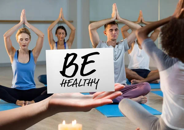 Card with text be healthy in yoga class — Stock Photo, Image