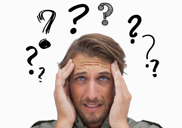 Confused man with graphic question mark — Stock Photo, Image