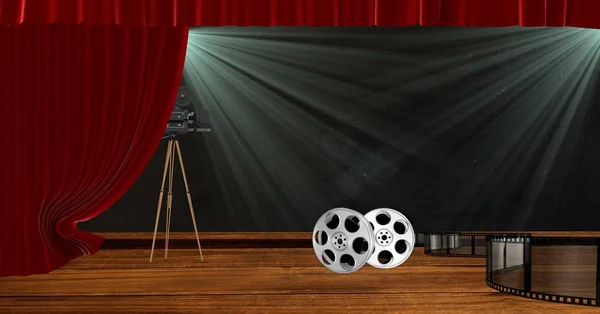 Camera with film reels on stage — Stock Photo, Image