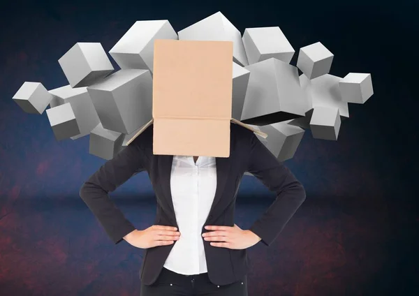 Бизнесмен с обложкой для лица и картонной коробкой, стоящей на цифровом фоне — стоковое фото